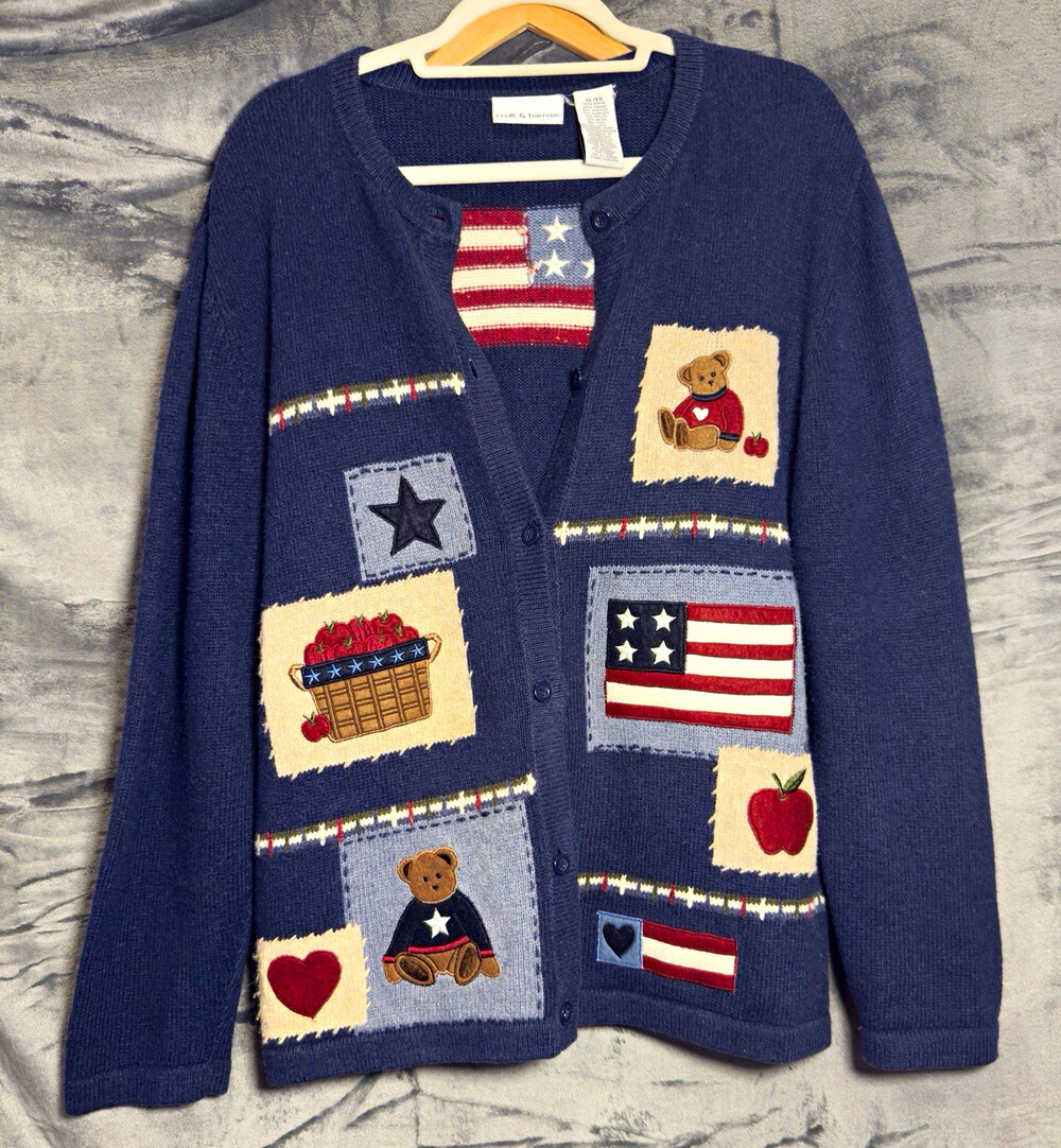 Croft & Barrow Women’s XL Blue Patchwork Patriotic Bear Button Cardigan